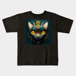 Queen Black Cats, Beautiful Cat Painting, Blue and Black, Yellow Eyes Kids T-Shirt